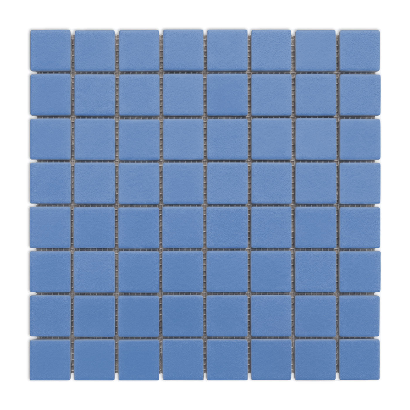 Denim Meshed 1x1 clay tiles by Clay Imports, arranged in a uniform grid with light grey grout.
