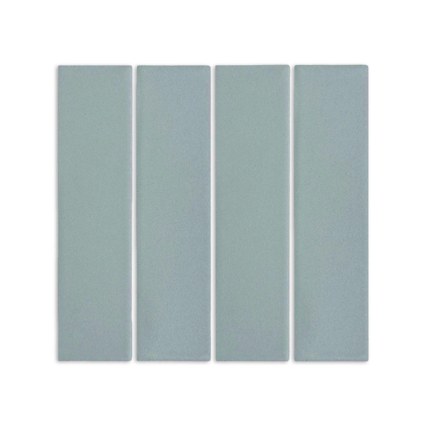 Four light blue-green rectangular clay tiles by Clay Imports, arranged vertically with thin white grout lines, featuring a matte, textured surface.