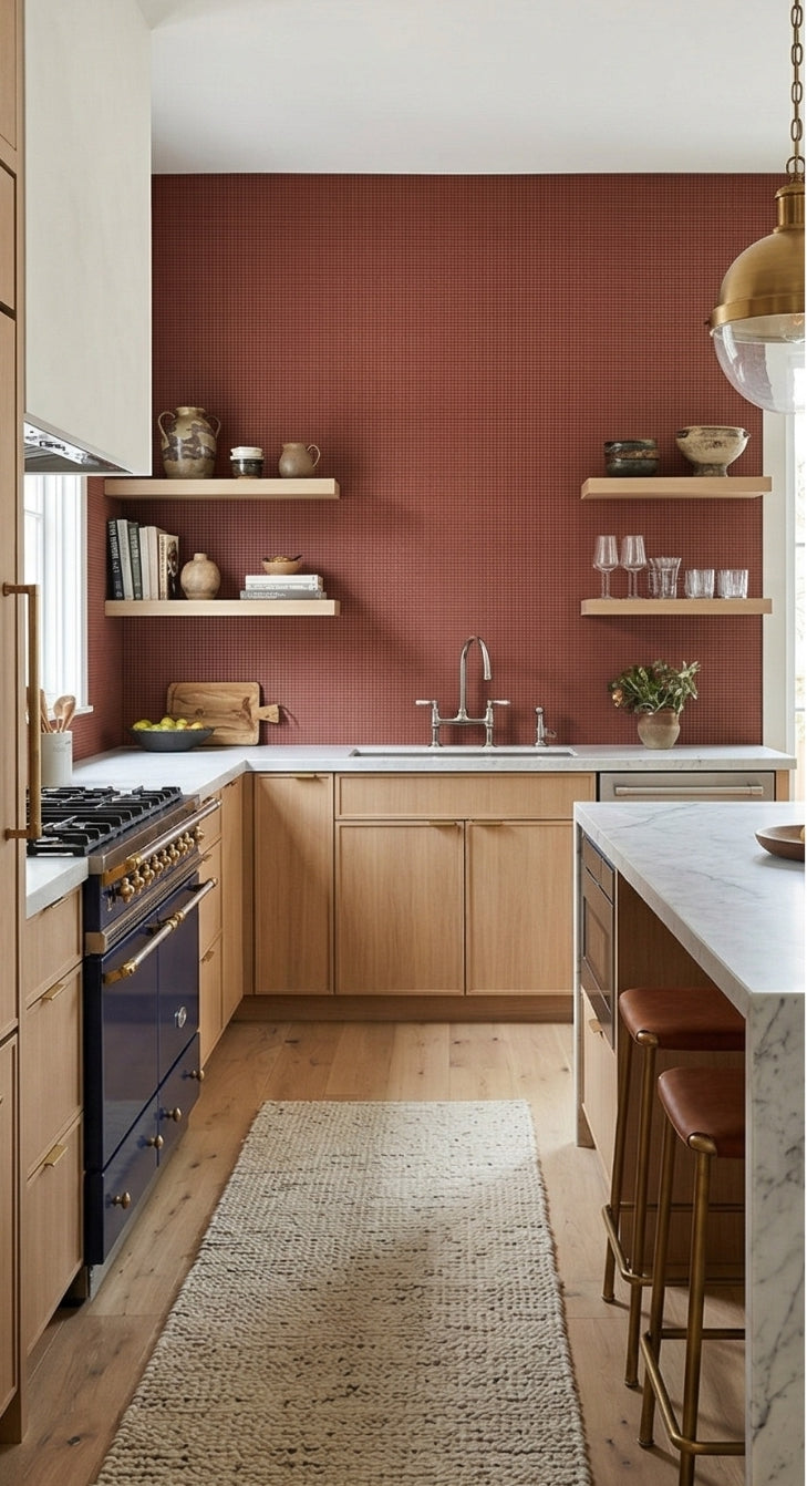 Austin Dusk meshed 1x1 clay tile by Clay Imports as a textured reddish-brown kitchen backsplash.