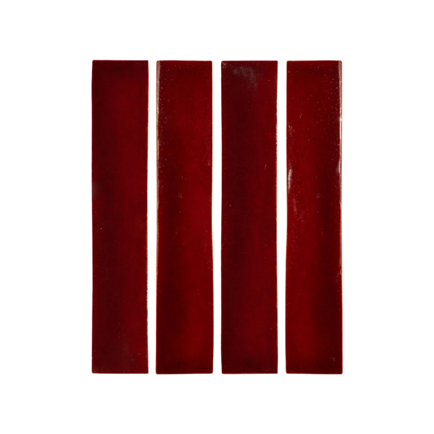 Four Oxblood Matchstick tile samples by Clay Imports, arranged vertically with a subtle sheen on a white background.