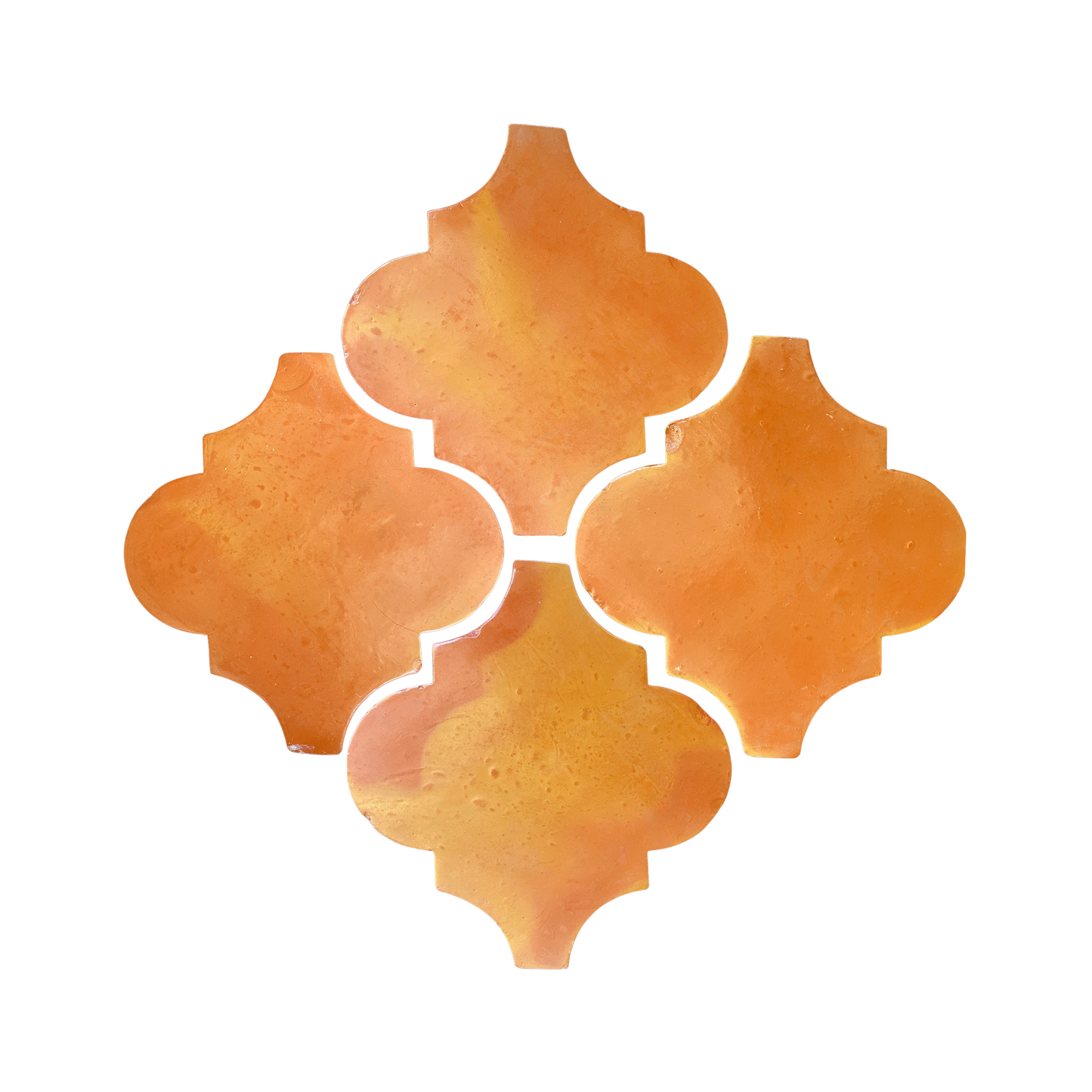 Orange Espanola Smooth Gloss 12 sample tile from Clay Imports, with a smooth, glossy finish and lantern shape, displayed as four interlocked tiles.