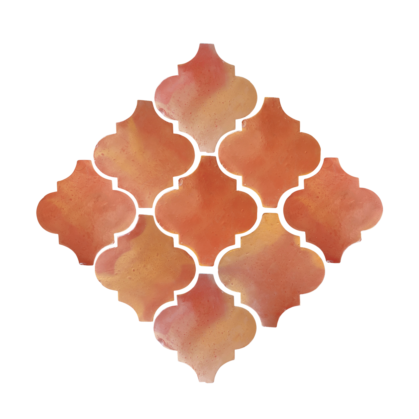Arabesque terracotta tiles by Clay Imports in warm orange and yellow hues, featuring a smooth gloss finish and arranged in a diamond pattern.