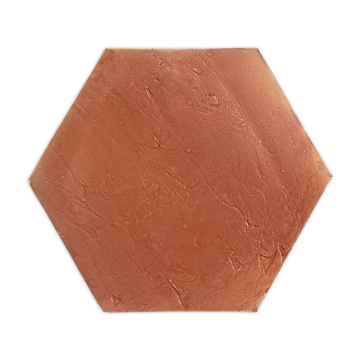 Hexagon antique satin tile sample from Clay Imports Saltillo Tile with a reddish-brown, textured surface.