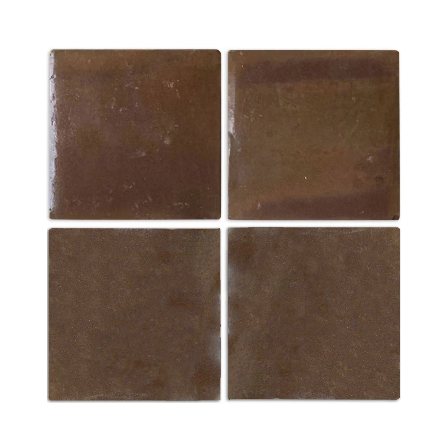 Four smooth, glossy dark brown terracotta tiles by Clay Imports, with variations in shine and subtle texture.