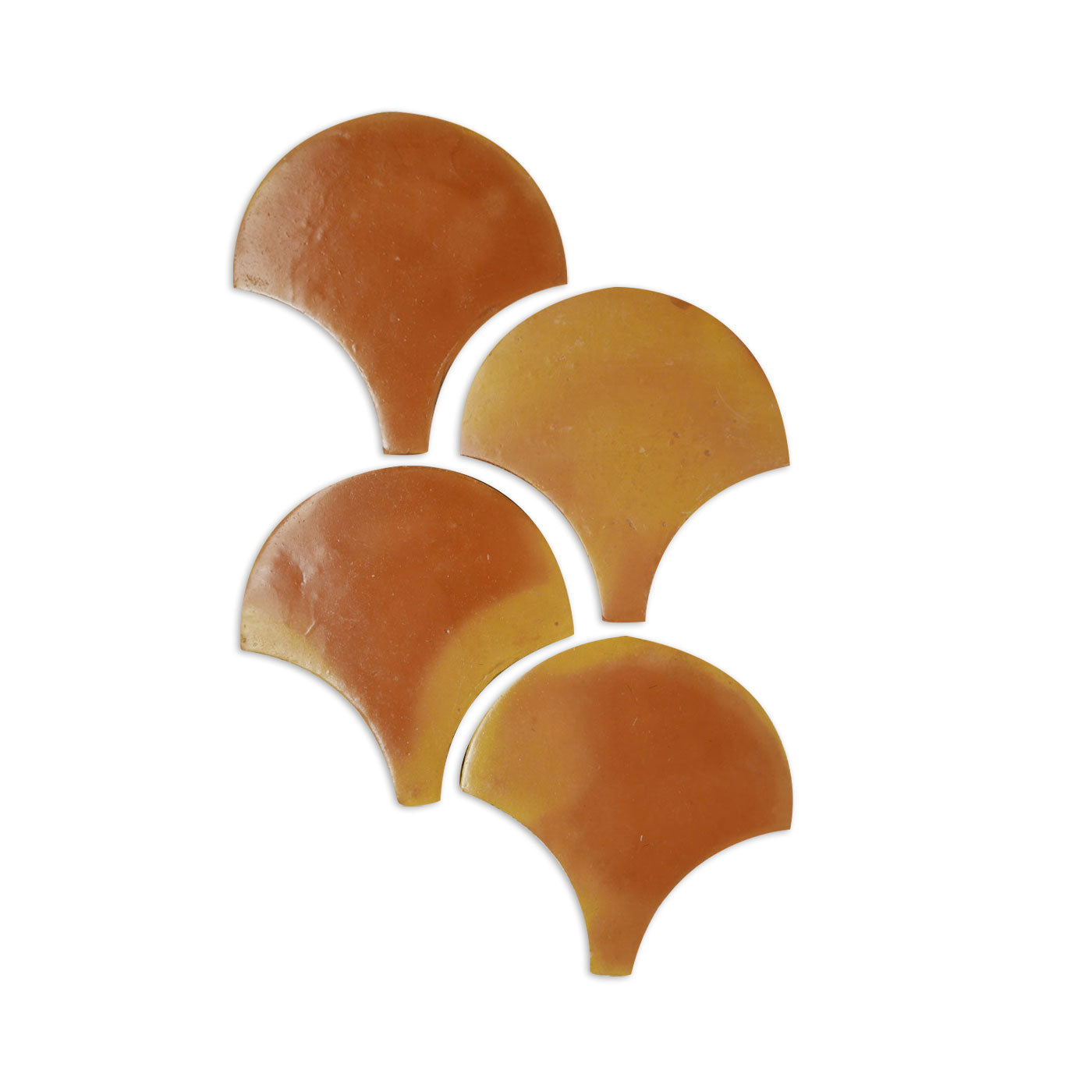 Four warm brown Abanico Flat Smooth Gloss 12 sample tiles by Clay Imports, smooth and glossy, arranged diagonally.