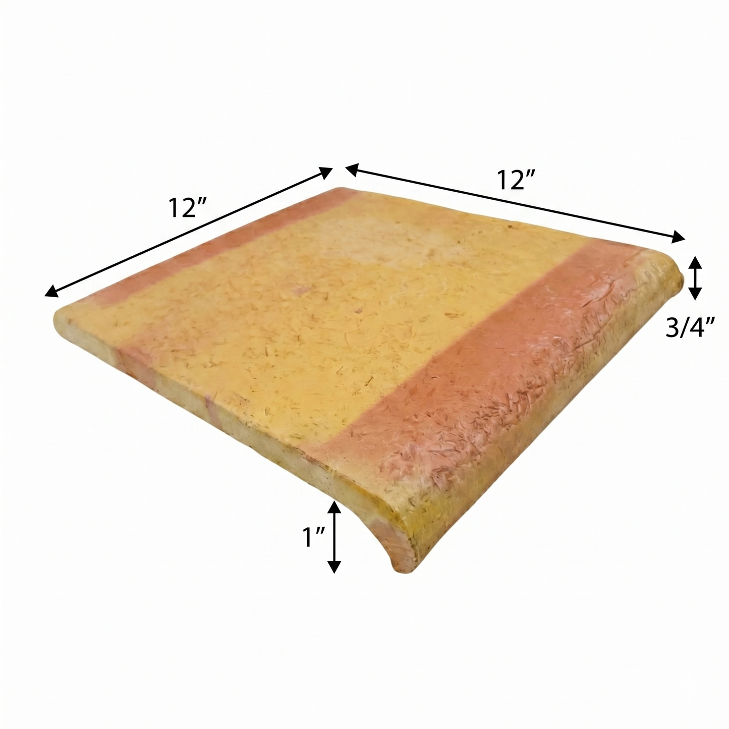 Natural terracotta 12x12 inch coping tile with a 3/4-inch rounded edge by Clay Imports, showing a 1-inch thickness, blended yellowish-orange color, and distressed texture.