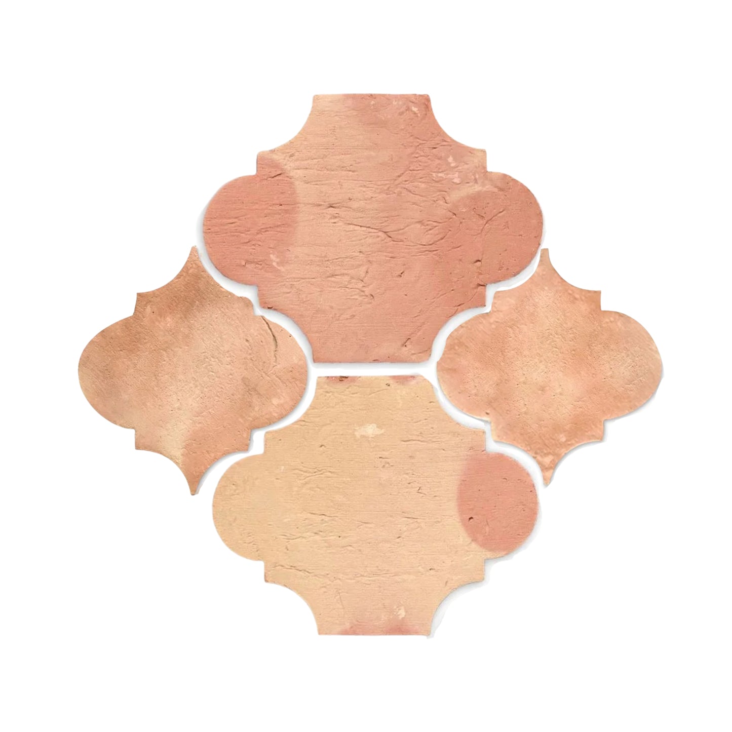 Terracotta tiles in rustic matte finish by Clay Imports, featuring an arabesque lantern shape arranged in a square pattern.