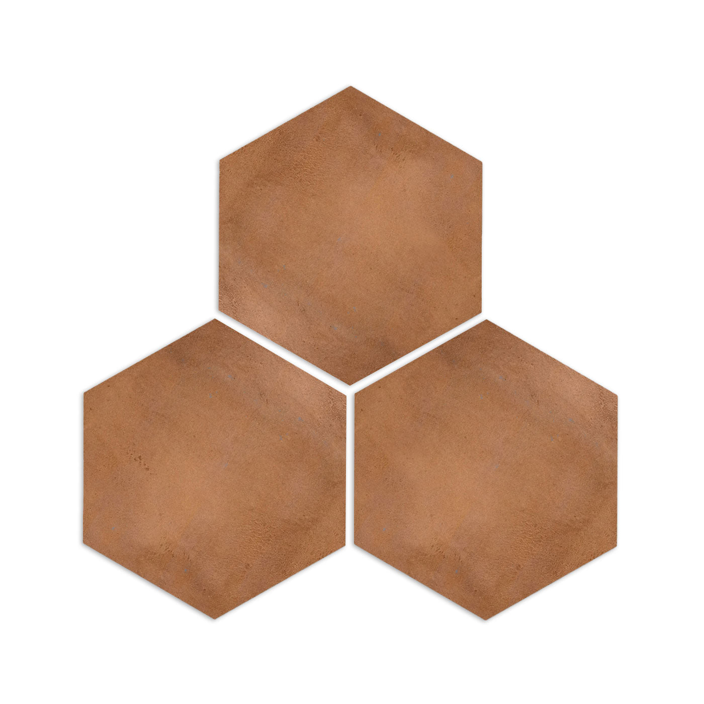 Cotto Umber hexagon tile sample by Clay Imports, three reddish-brown pieces with a matte texture on a white background.
