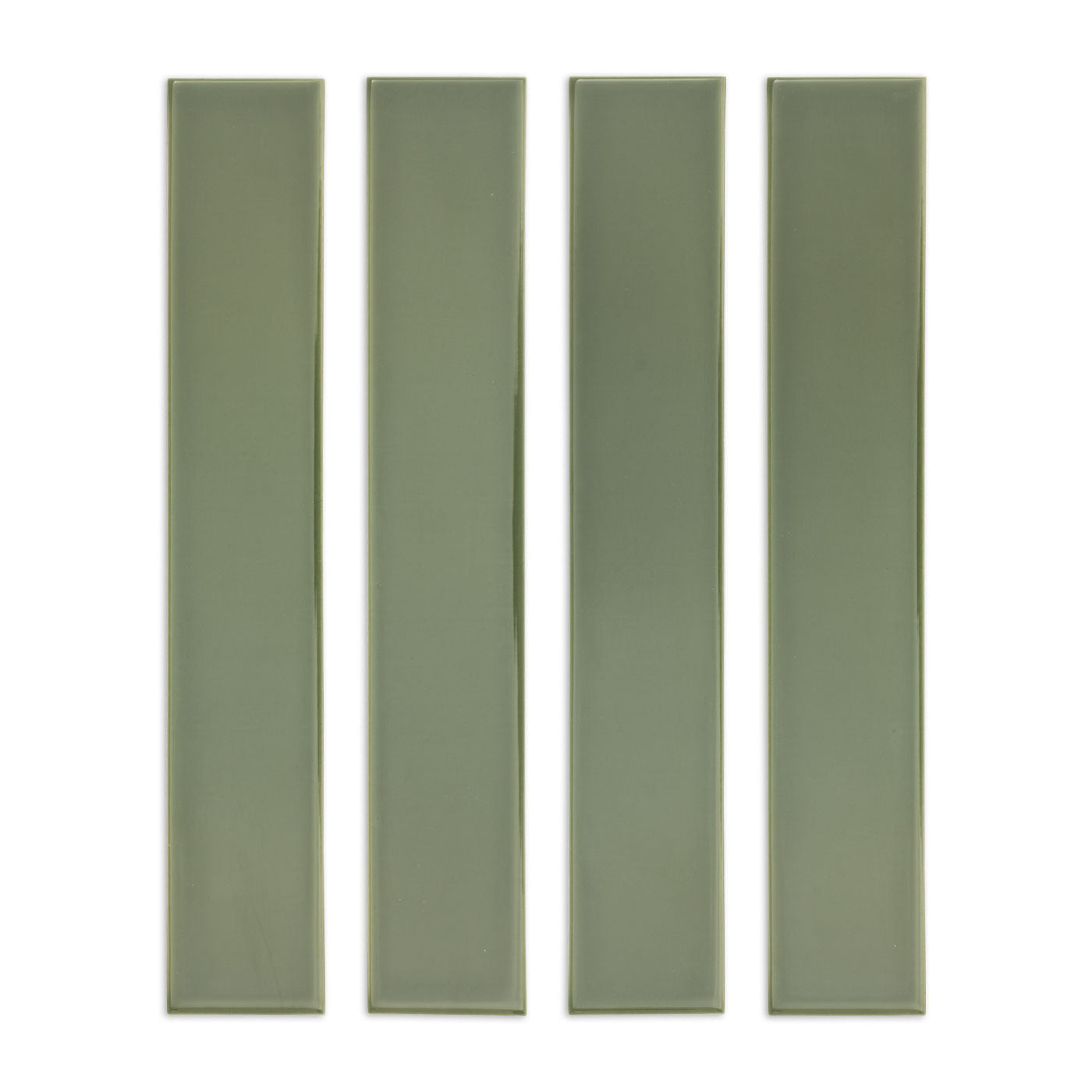 Four glossy green rectangular tile samples by Clay Imports, arranged vertically.