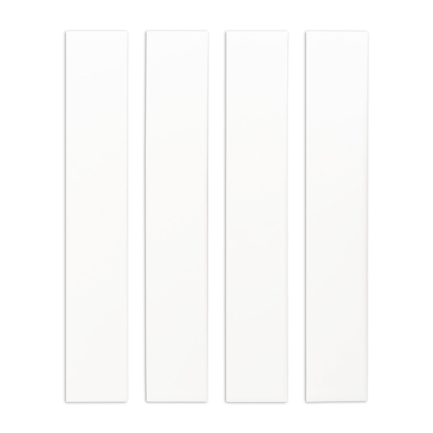 Four white matte 2x12 sample tiles by Clay Imports, arranged vertically on a white background.