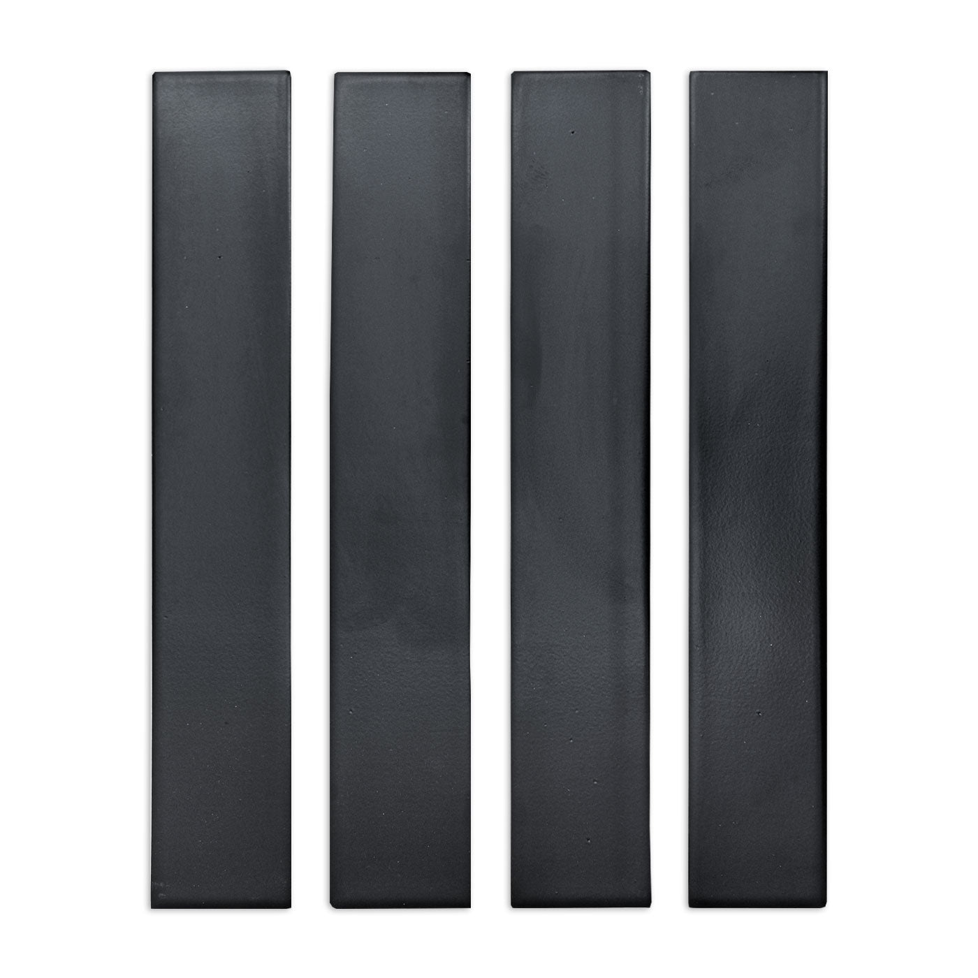 Four Nightfall Matte 2x12 tile samples by Clay Imports, with a subtle textured finish, arranged vertically.