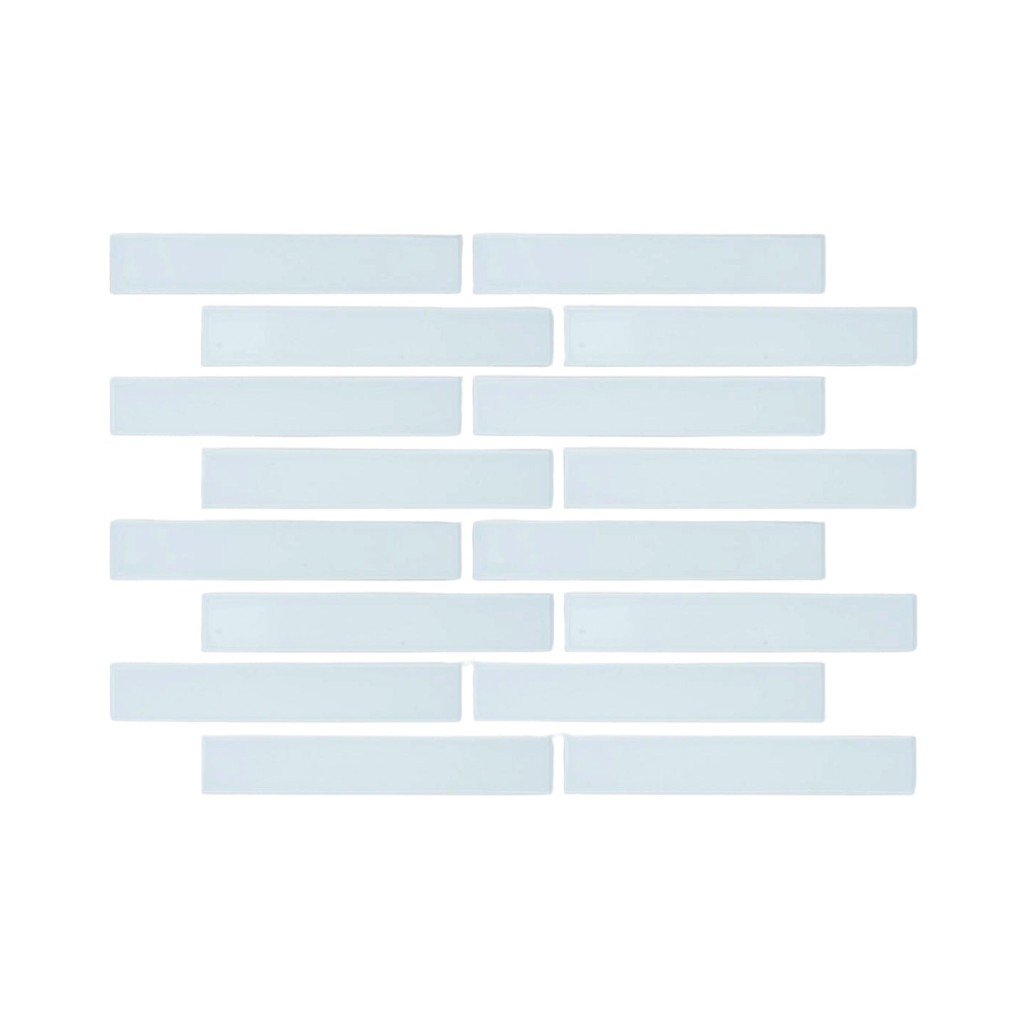 Light blue glossy 2x12 tile samples by Clay Imports in a staggered pattern.