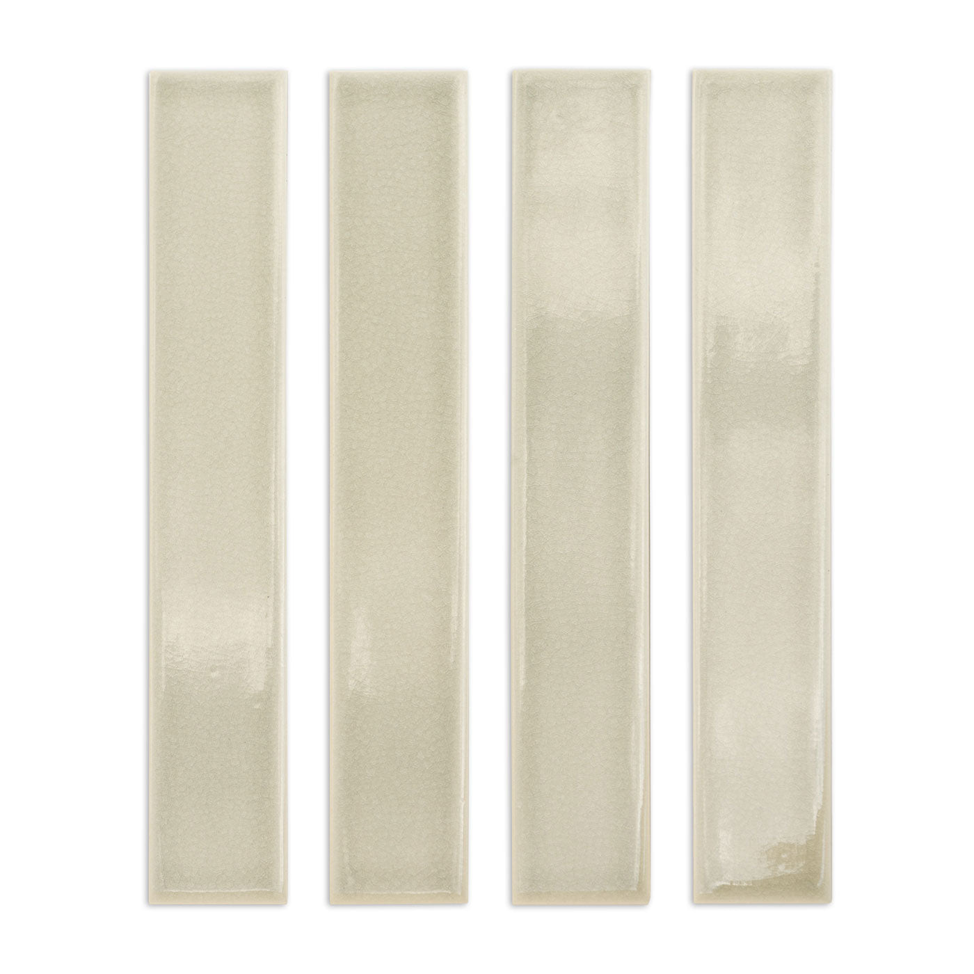Four rectangular light green crackle gloss sample tiles by Clay Imports, with subtle textured finish.