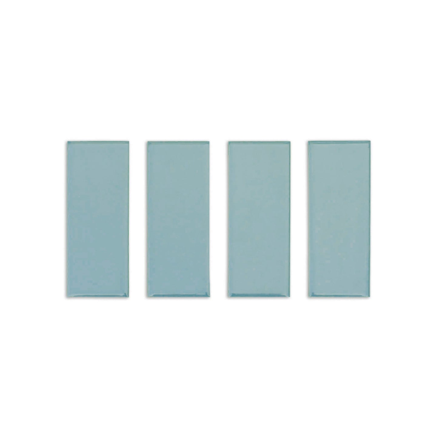 Four glossy light blue sample tiles by Clay Imports, arranged horizontally on a white background.