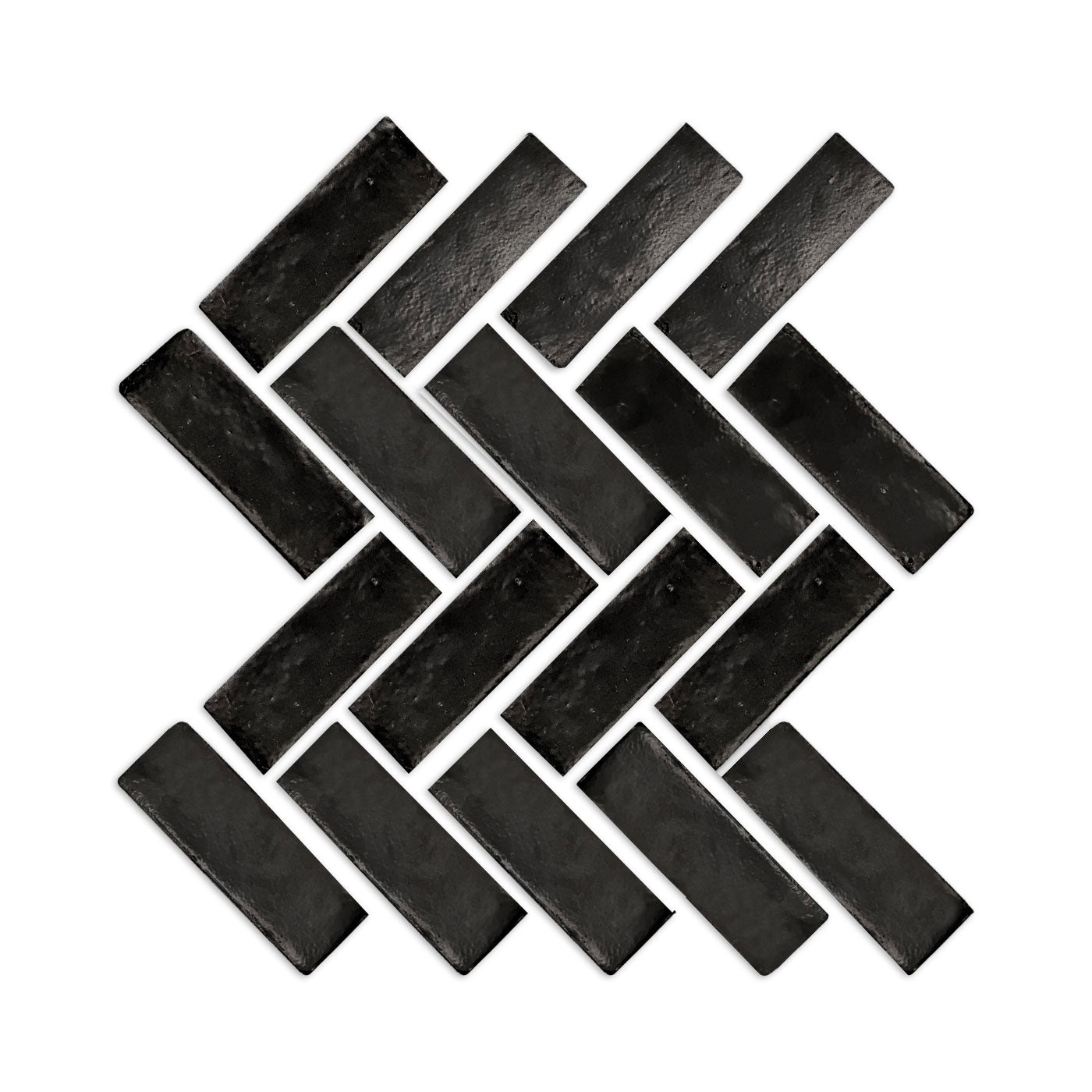 Black 2x6 tile sample by Clay Imports, arranged in a herringbone pattern with a textured, matte finish.