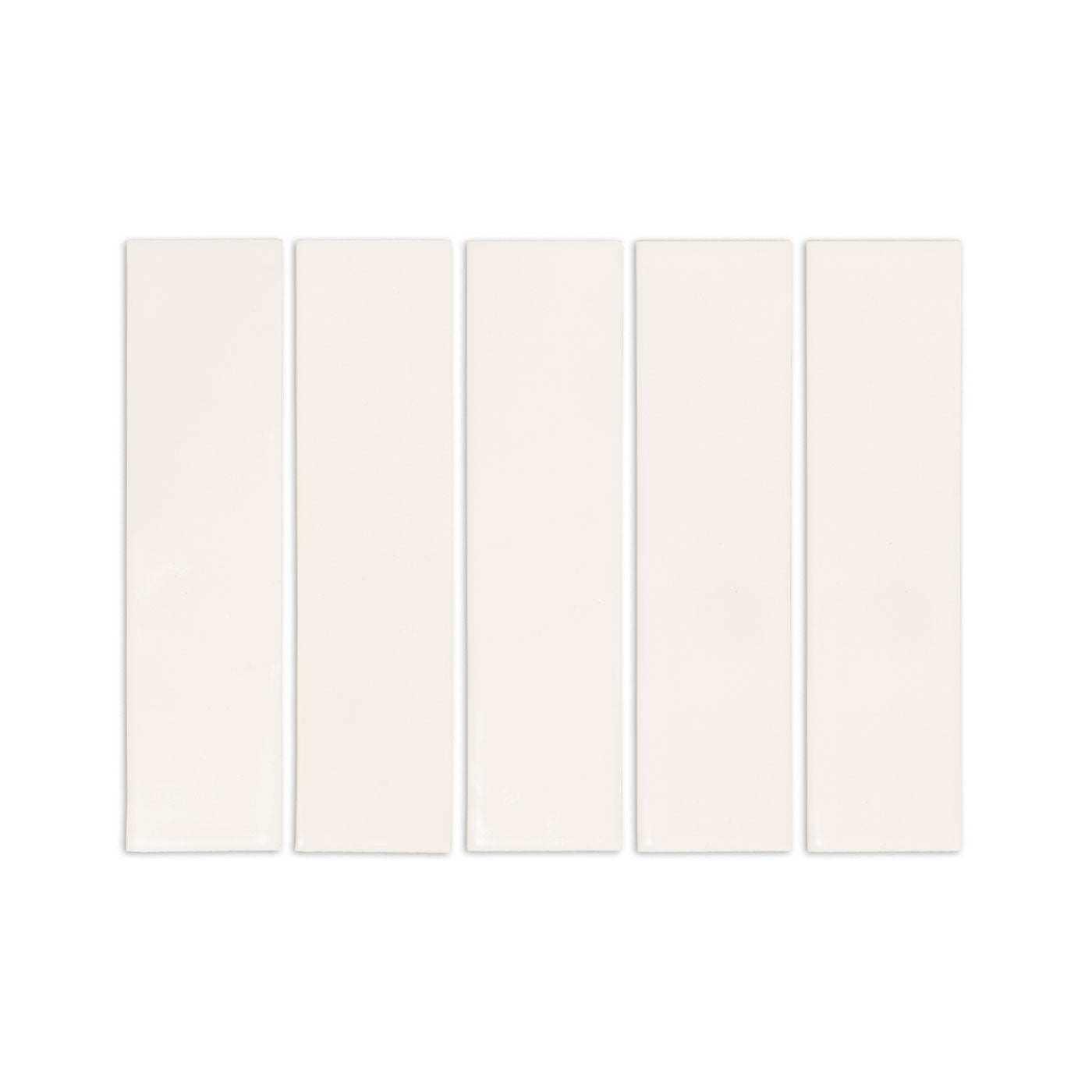 Five off-white glossy rectangular tile samples from Clay Imports, arranged vertically side-by-side.