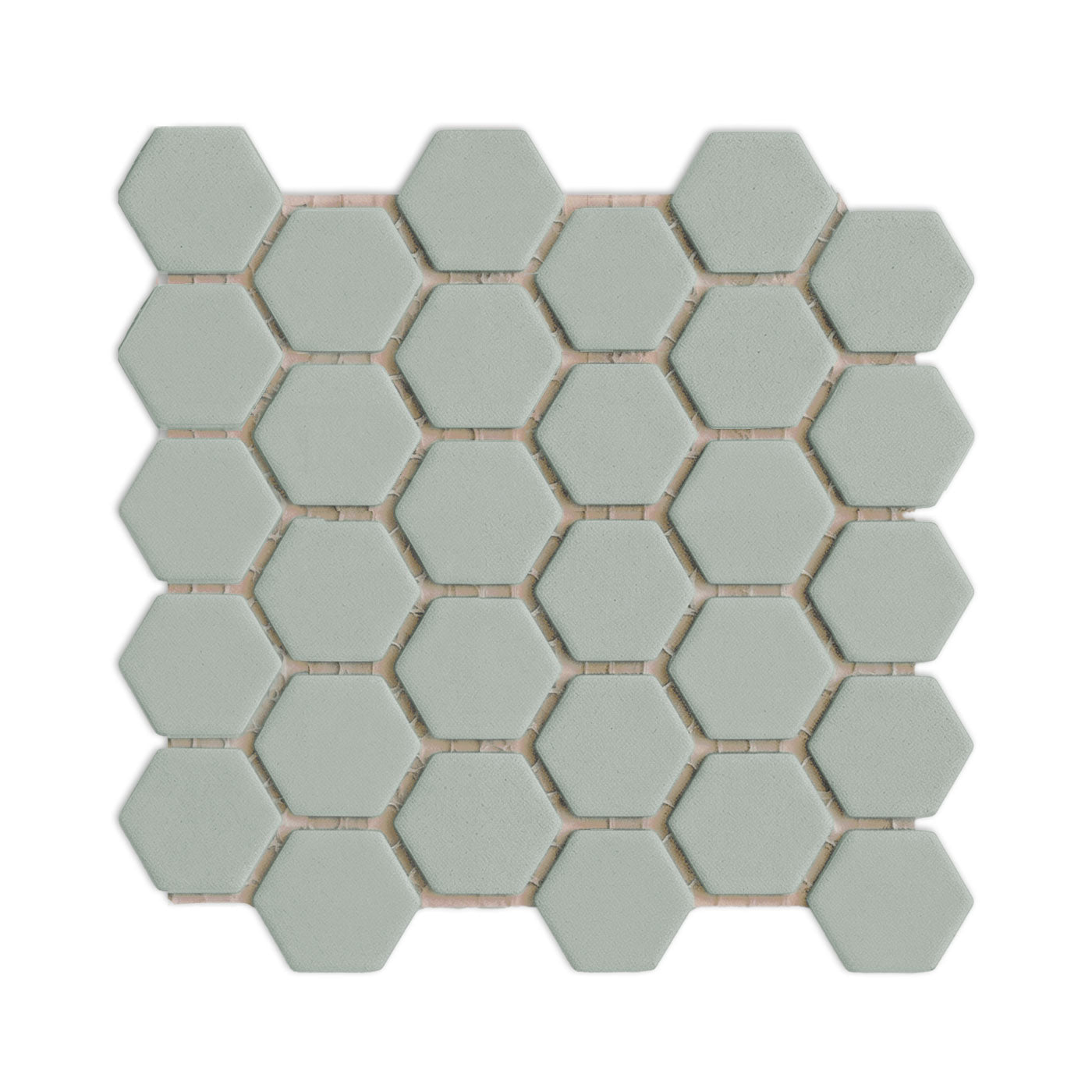 Agave green hexagon clay tiles by Clay Imports, arranged in a cluster with white grout lines.