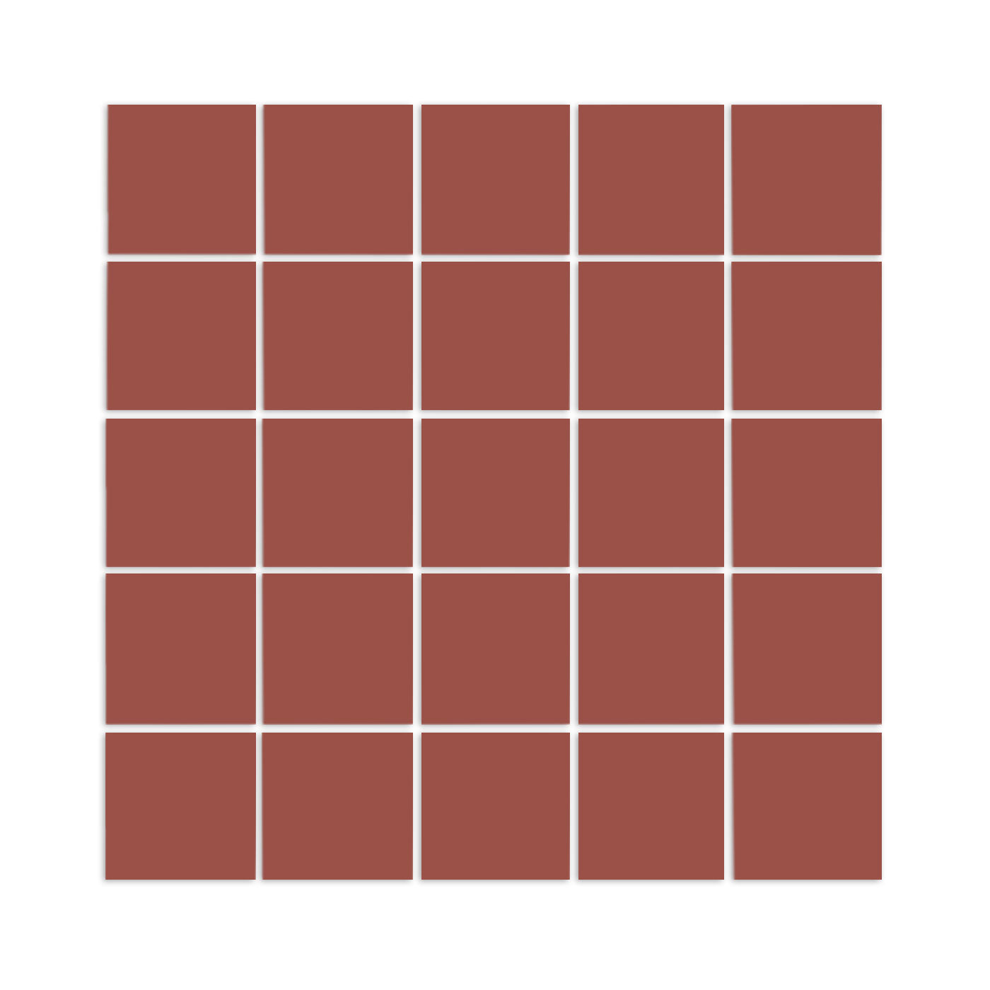 Tea-colored square clay tiles by Clay Imports arranged in a 5x5 grid with white grout lines.
