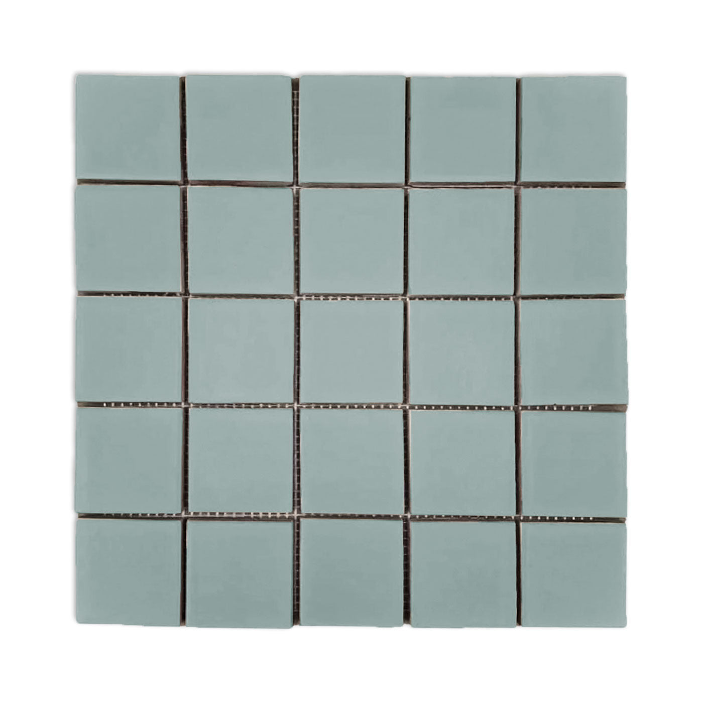Greenish-gray meshed 2x2 clay tiles by Clay Imports, arranged in a uniform grid with thin white grout lines.