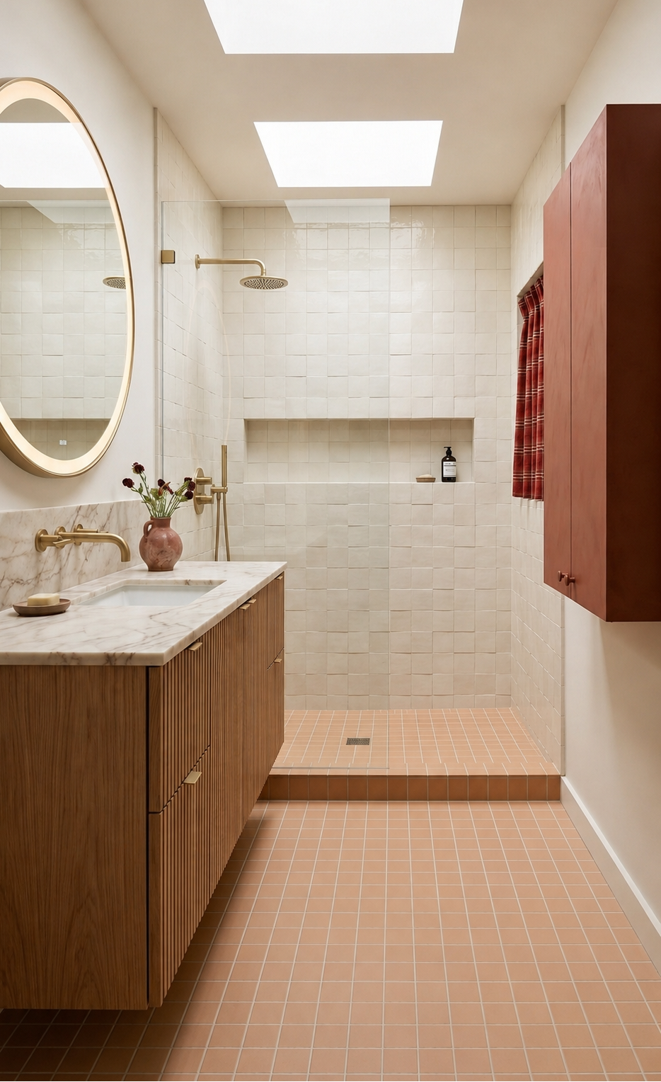 Modern bathroom with wooden vanity, mirror, and shower area.