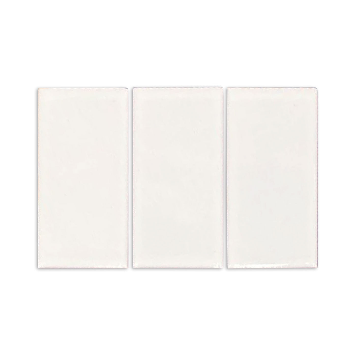 Three white rectangular Candela Gloss samples by Clay Imports, showing slight surface texture and irregular edges.