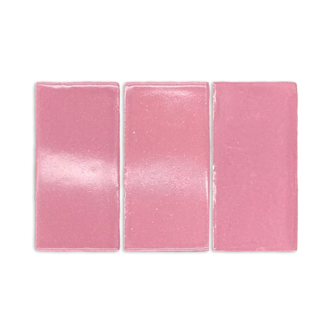 Pink hibiscus gloss sample by Clay Imports, three rectangular tiles with a glossy, slightly textured finish.