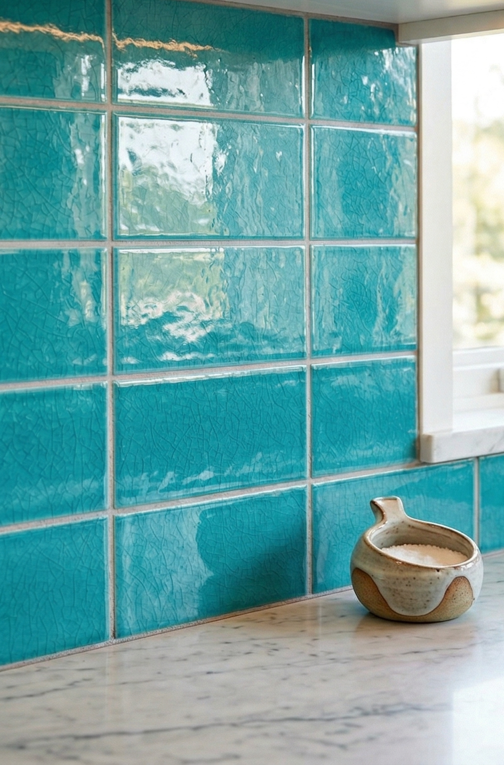 Turquoise crackle rectangle clay tiles from Clay Imports, glossy and textured, forming a kitchen backsplash.