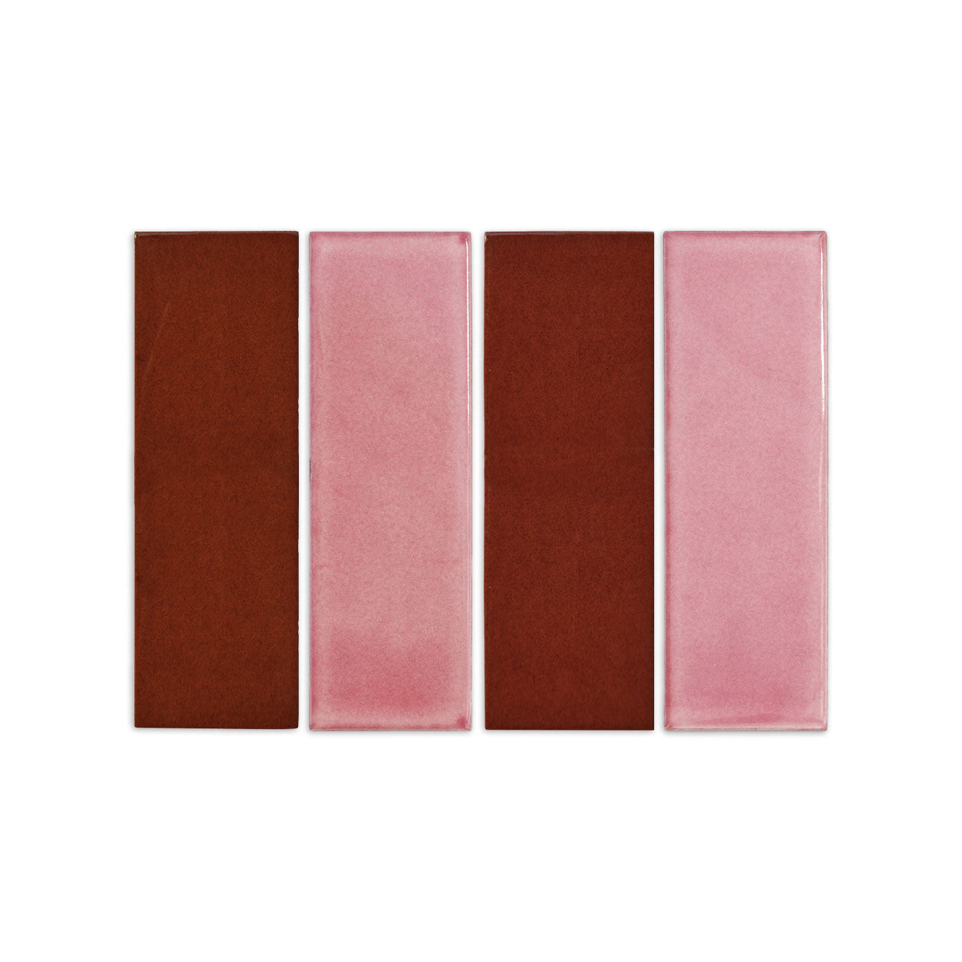 2x6 inch rectangular brown and pink tiles by Clay Imports, arranged in alternating vertical stripes with a glossy, textured finish.