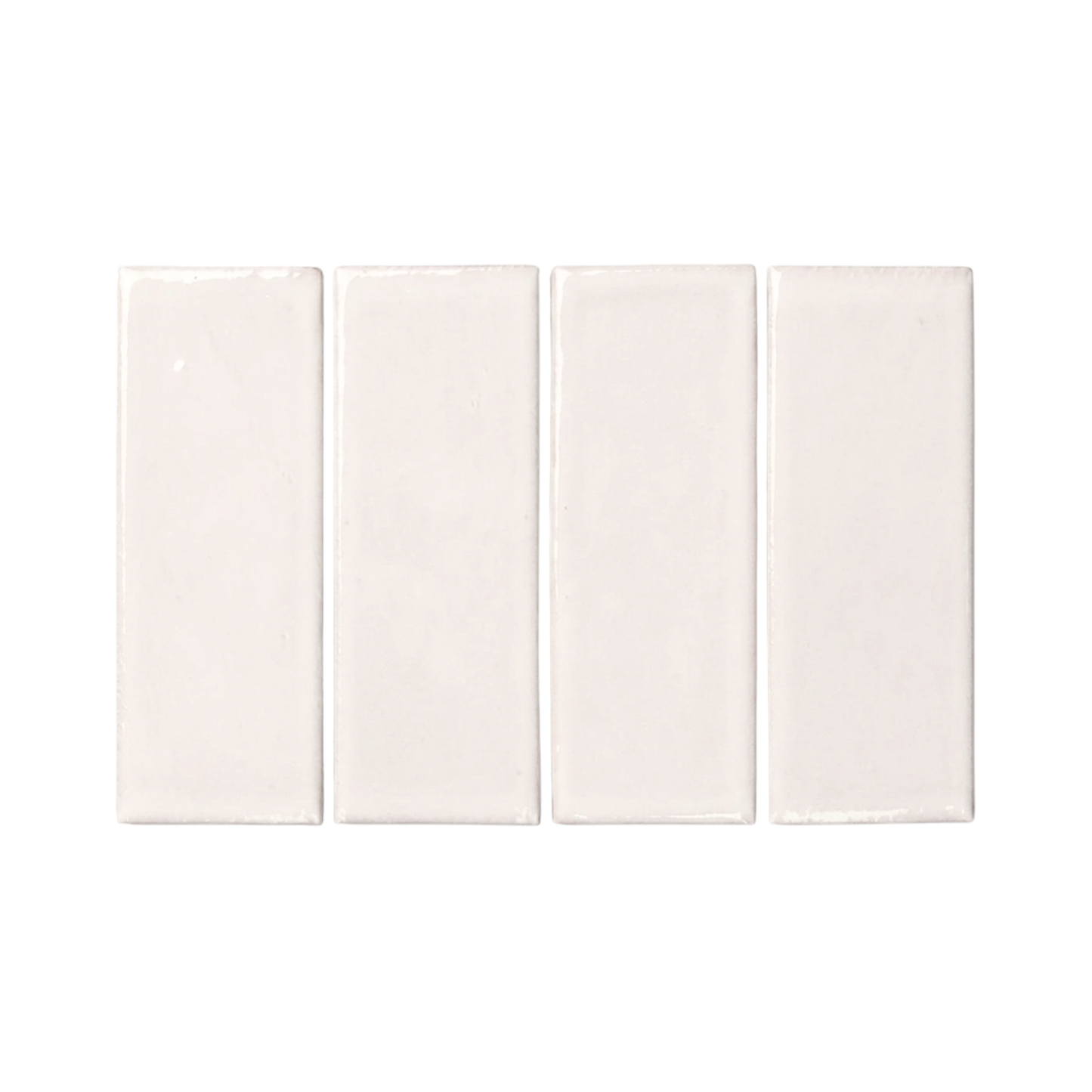 Four light off-white rectangular clay tiles by Clay Imports, arranged in a row, showing glossy, slightly textured surfaces.