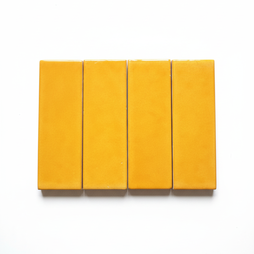 Four yellow 2x6 sample tiles by Clay Imports, arranged horizontally on a white background.