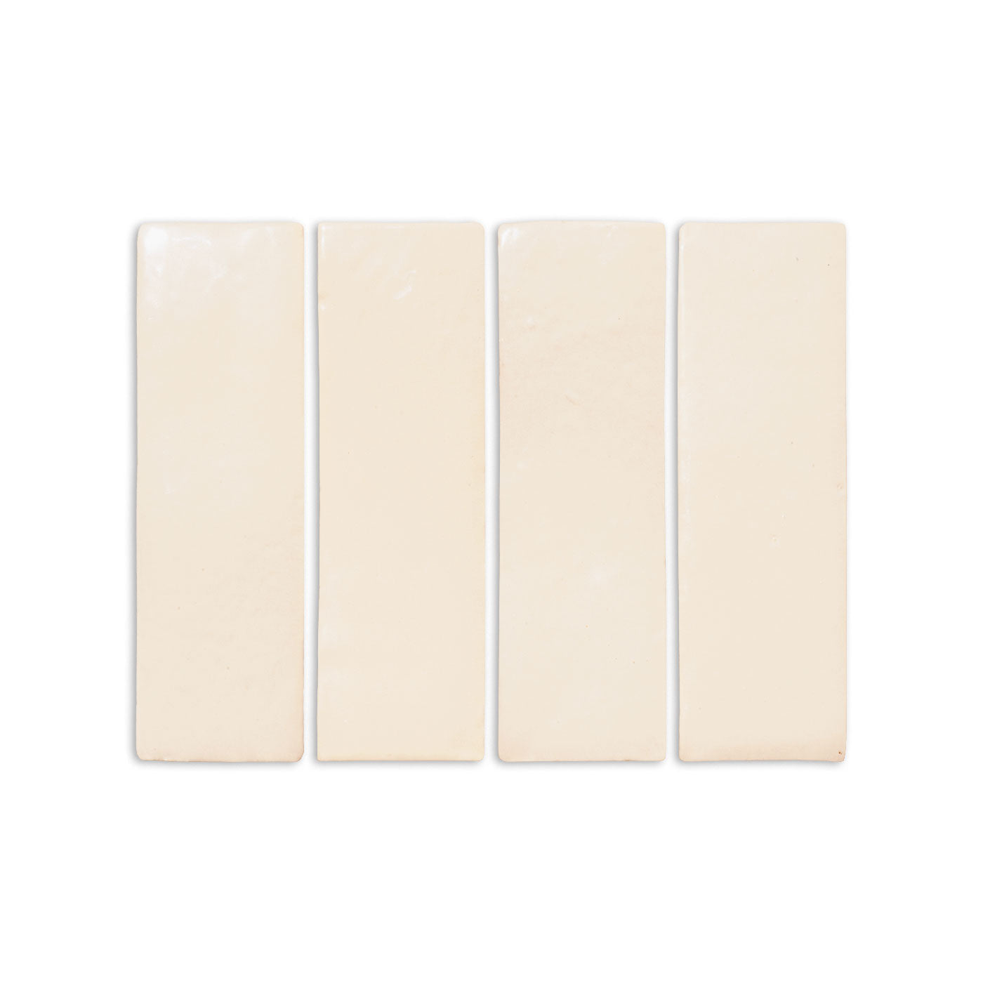 Four off-white glazed linen sample tiles by Clay Imports, showing subtle texture variations.