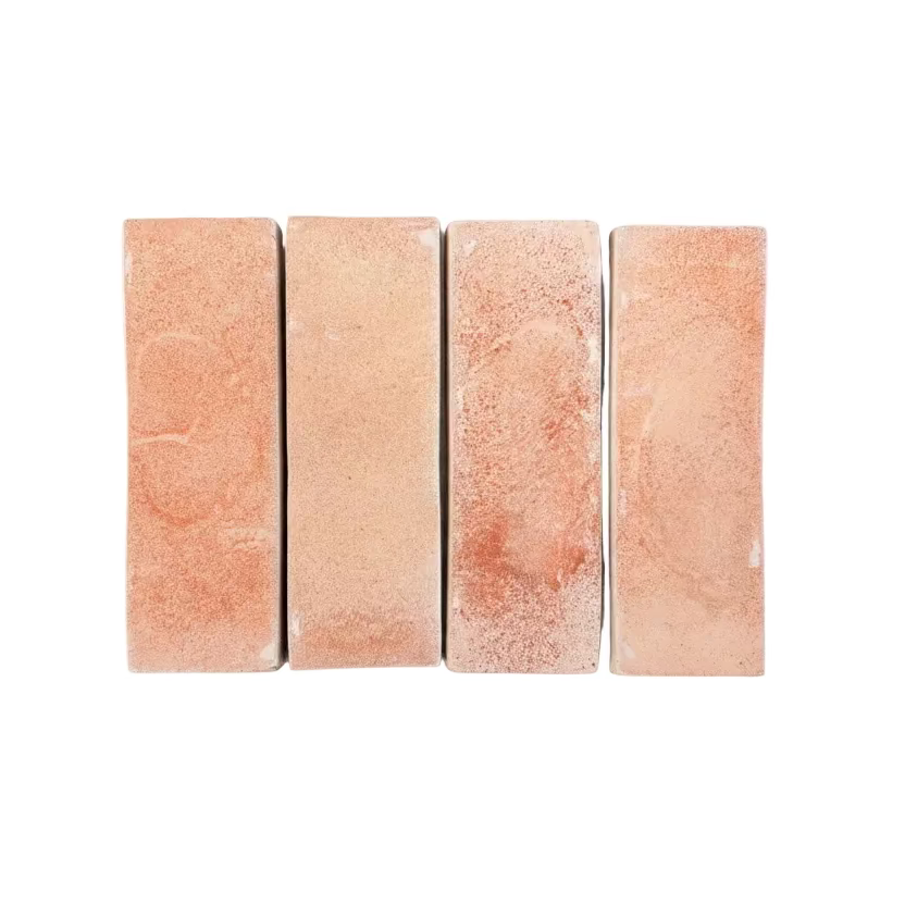 Four matte terracotta tile samples by Clay Imports, 2x6, arranged vertically with varied reddish-orange tones.