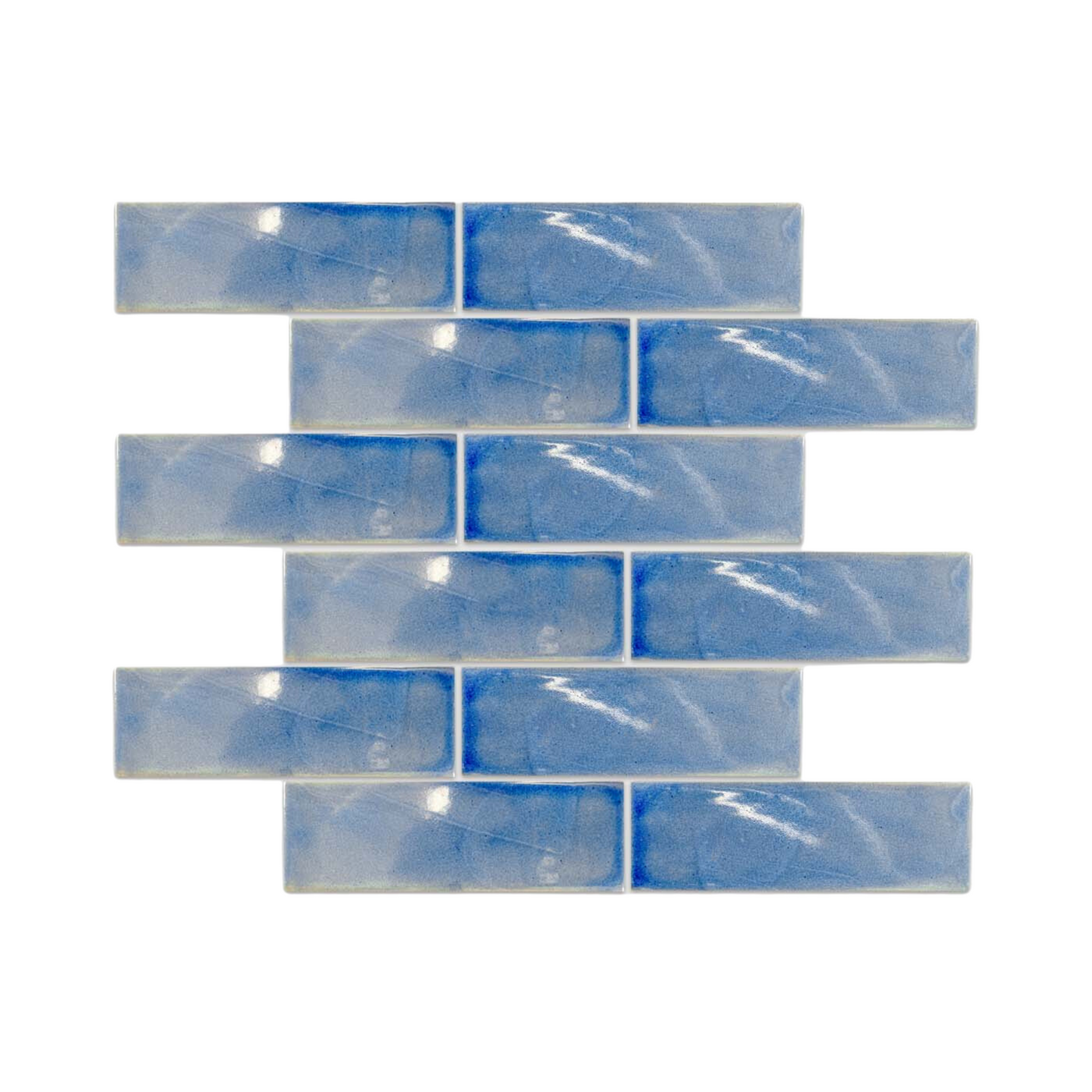 Blue subway tile sample by Clay Imports, featuring varied blue tones, a glossy finish, and light reflections.