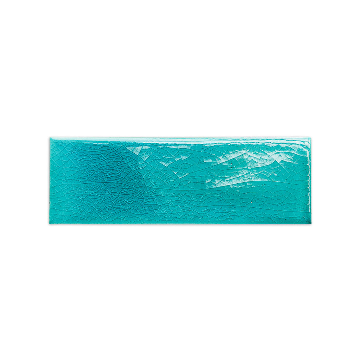 Turquoise crackle sample tile 2x6 by Clay Imports, with a glossy, heavily textured surface.
