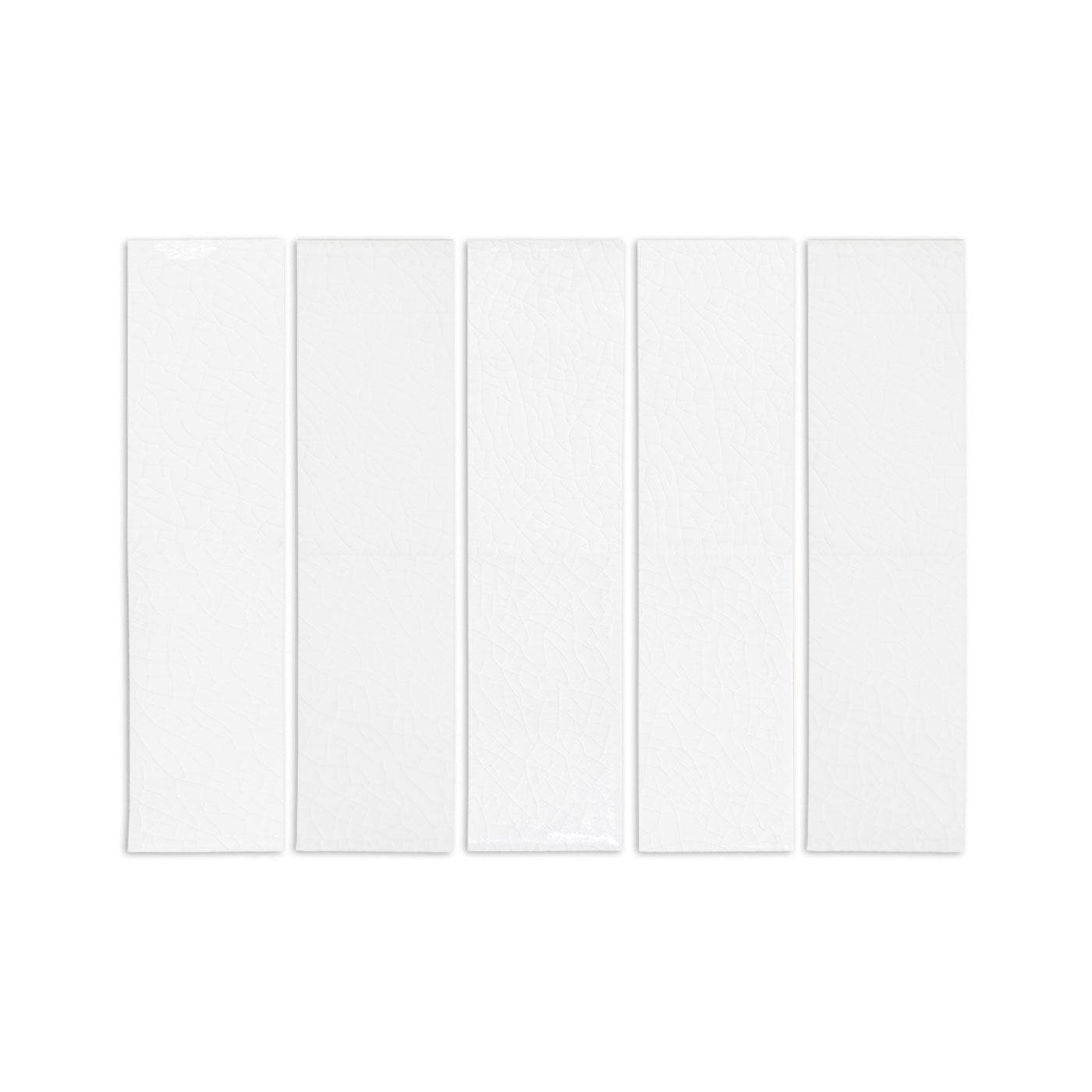 Five white crackle glaze sample tiles from Clay Imports with a subtle crackled texture and glossy finish.