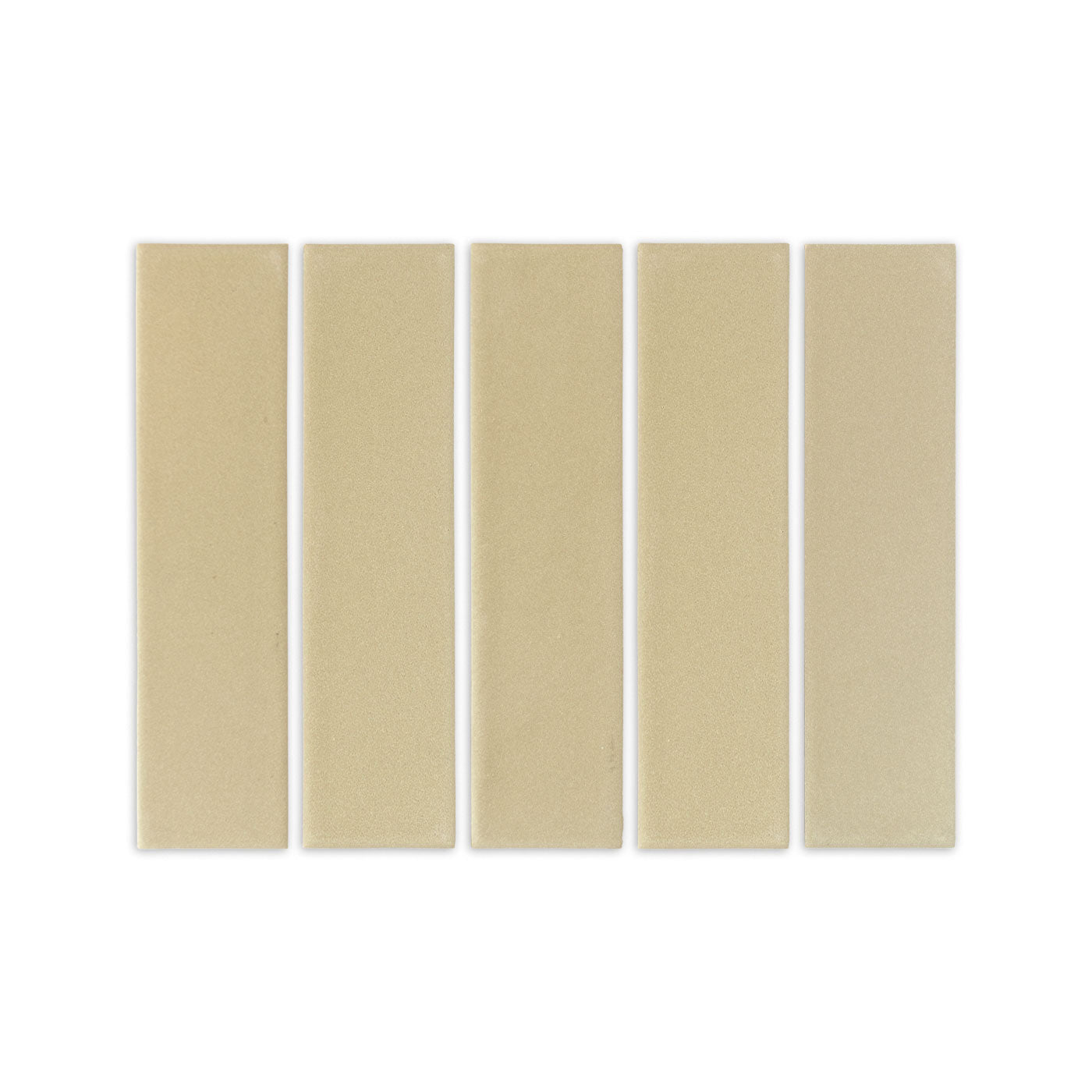 Five light beige rectangular clay tiles from Clay Imports, arranged vertically with a matte, textured finish.