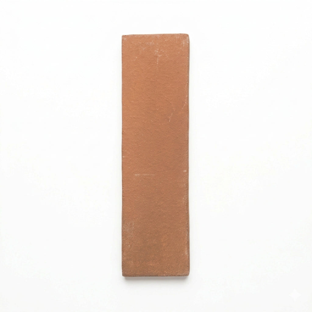 Four umber Cotto 2x8 tiles by Clay Imports, arranged vertically with white gaps, showcasing a matte, textured finish.