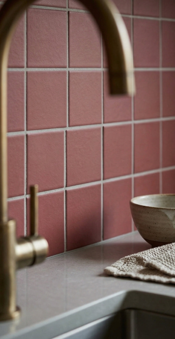 Austin Dusk 2x2 meshed clay tiles by Clay Imports, in a matte dusty red with light grey grout, as a kitchen backsplash.