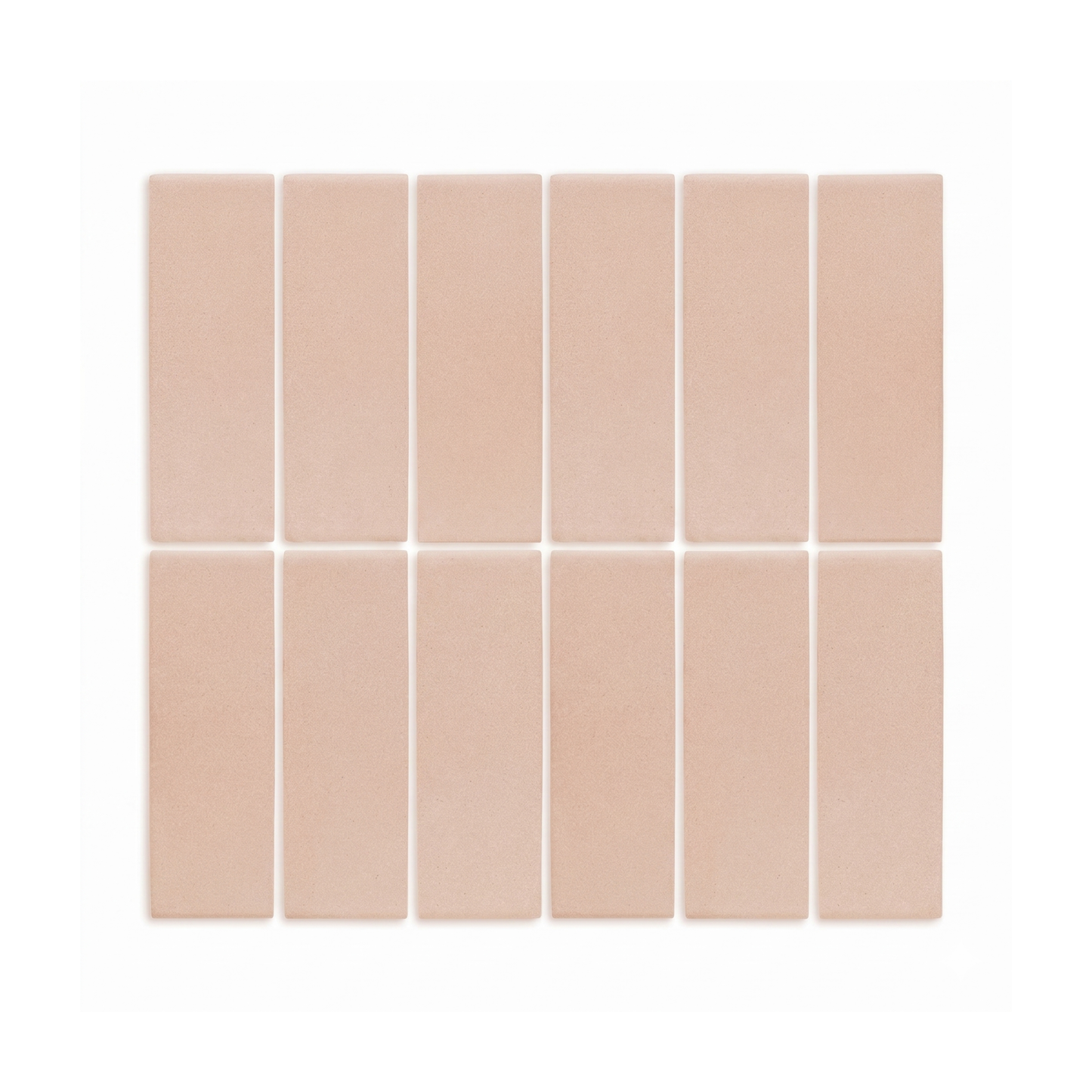 Rectangular sandy peach-beige clay tiles by Clay Imports with a subtle textured finish, arranged in two rows of six on a white background.