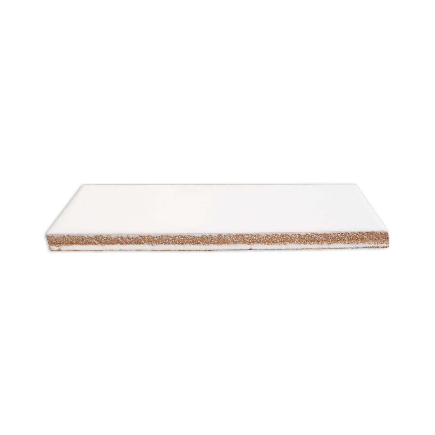 White solid tile by Clay Imports, viewed from the side, with a smooth top and textured reddish-brown base.