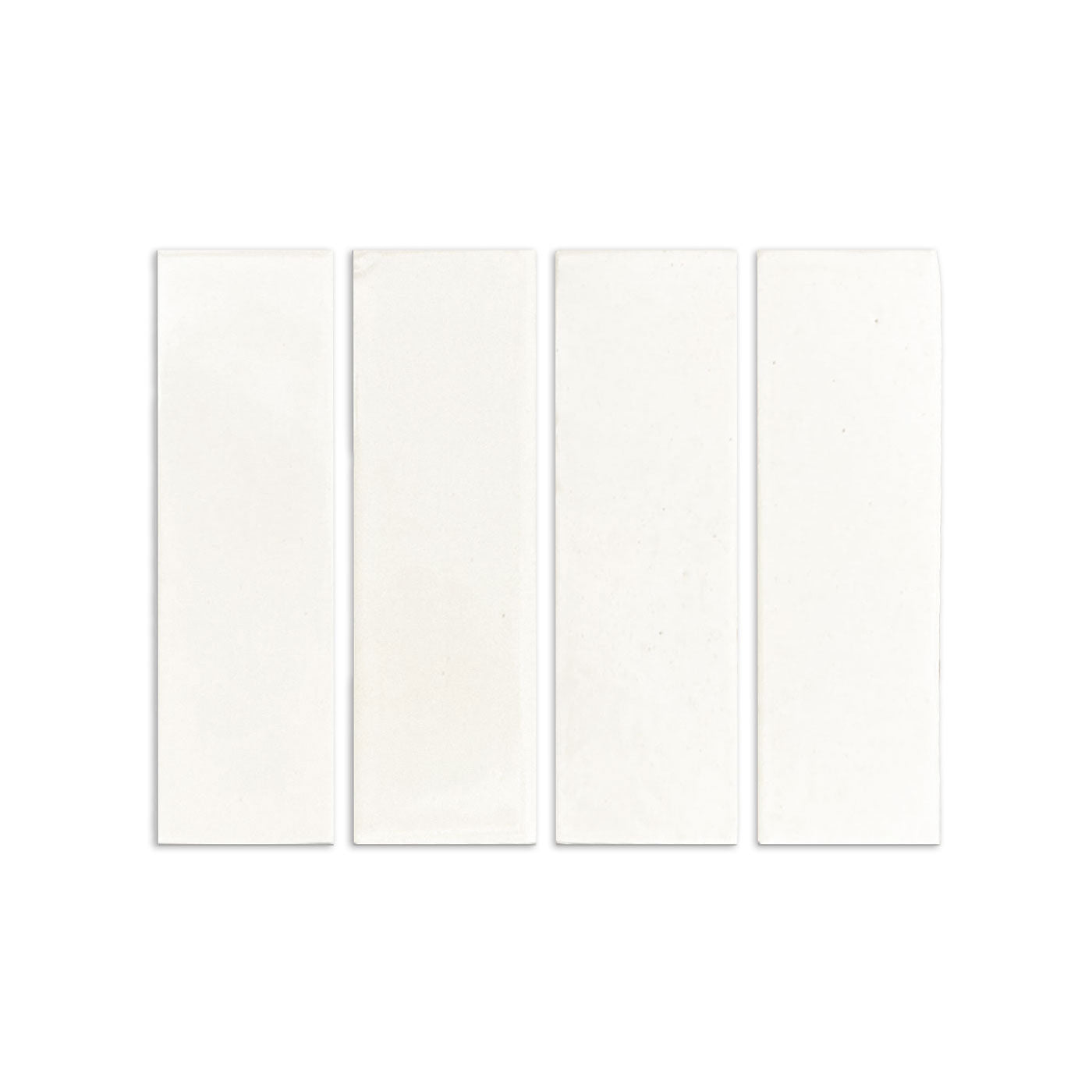 Four off-white 2x6 Saltillo Zellige tile samples by Clay Imports, displayed vertically.