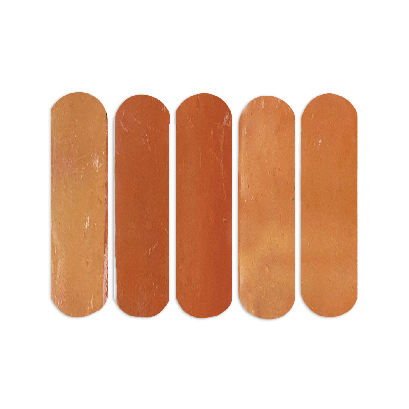 Five Uvas Smooth Gloss sample tiles by Clay Imports, displaying varying orange-brown terracotta with a slight sheen.
