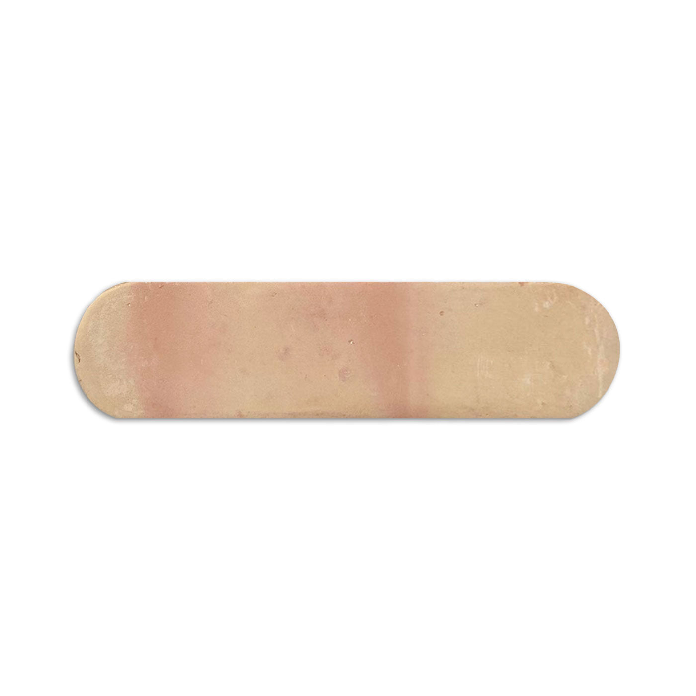 Oblong smooth matte Uvas 2x8 tile sample by Clay Imports, featuring reddish-pink and pale beige vertical color bands.