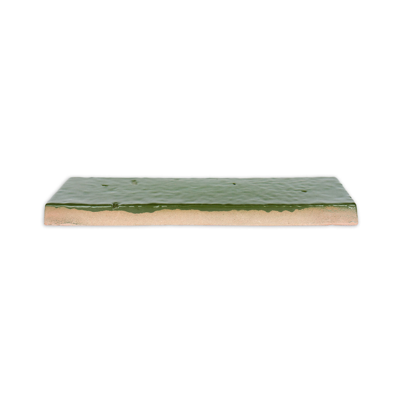 Glazed Thin Brick Moss by Clay Imports, showing a wavy green glaze over a natural terracotta base.