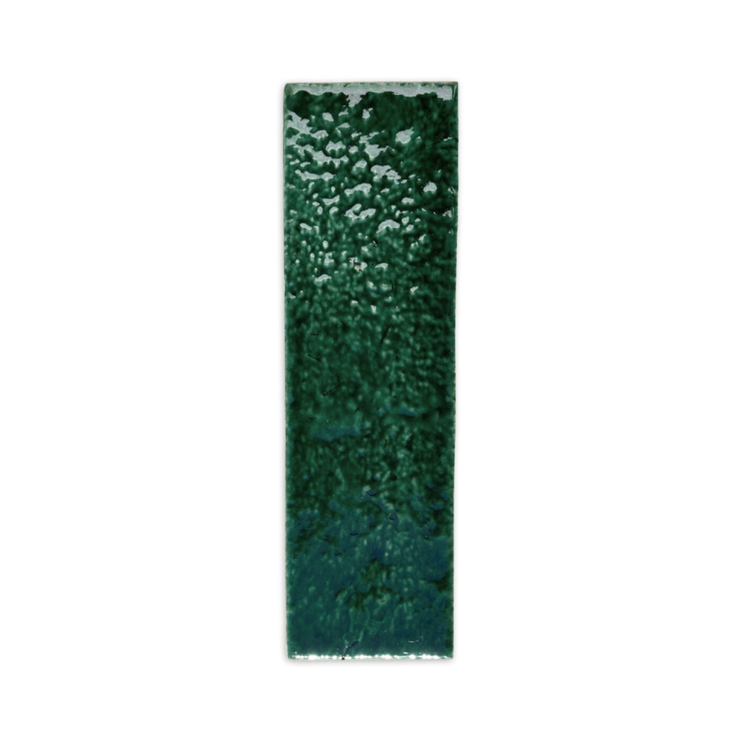 Forest green glazed thin brick sample by Clay Imports, featuring a heavily textured, bumpy surface with varied color tones.