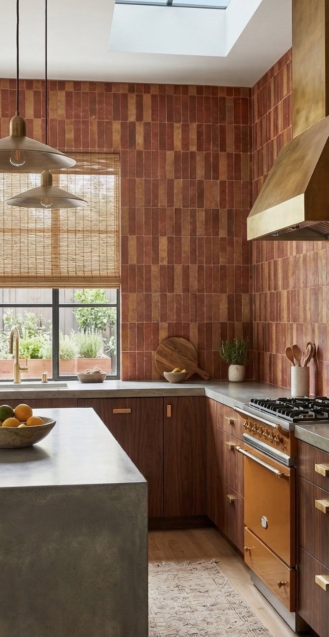 Terracotta Thin Brick Antique Satin 2.5x8 by Clay Imports, reddish-brown and arranged vertically as a kitchen backsplash.