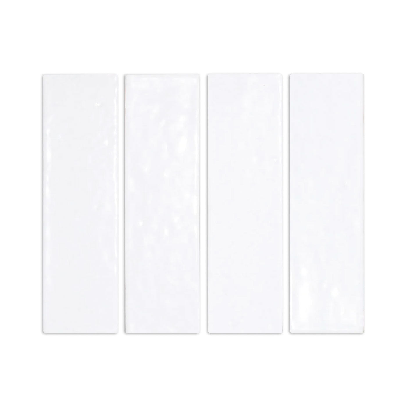 Four glossy white rectangular glazed thin brick samples by Clay Imports, arranged vertically with subtle surface variations.