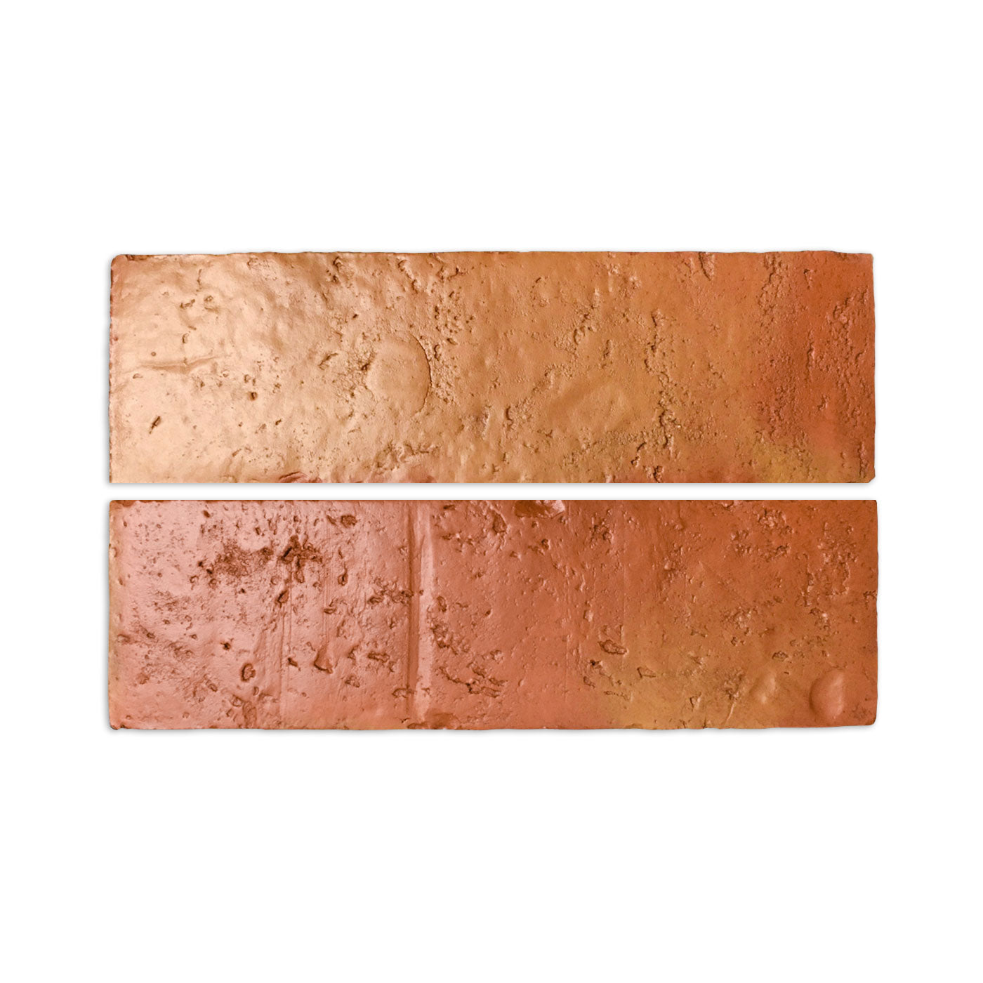 Two rectangular Sample Antique Satin Thin Bricks by Clay Imports, 2.5x8, in varying rustic reddish-orange shades with an uneven, satin texture.
