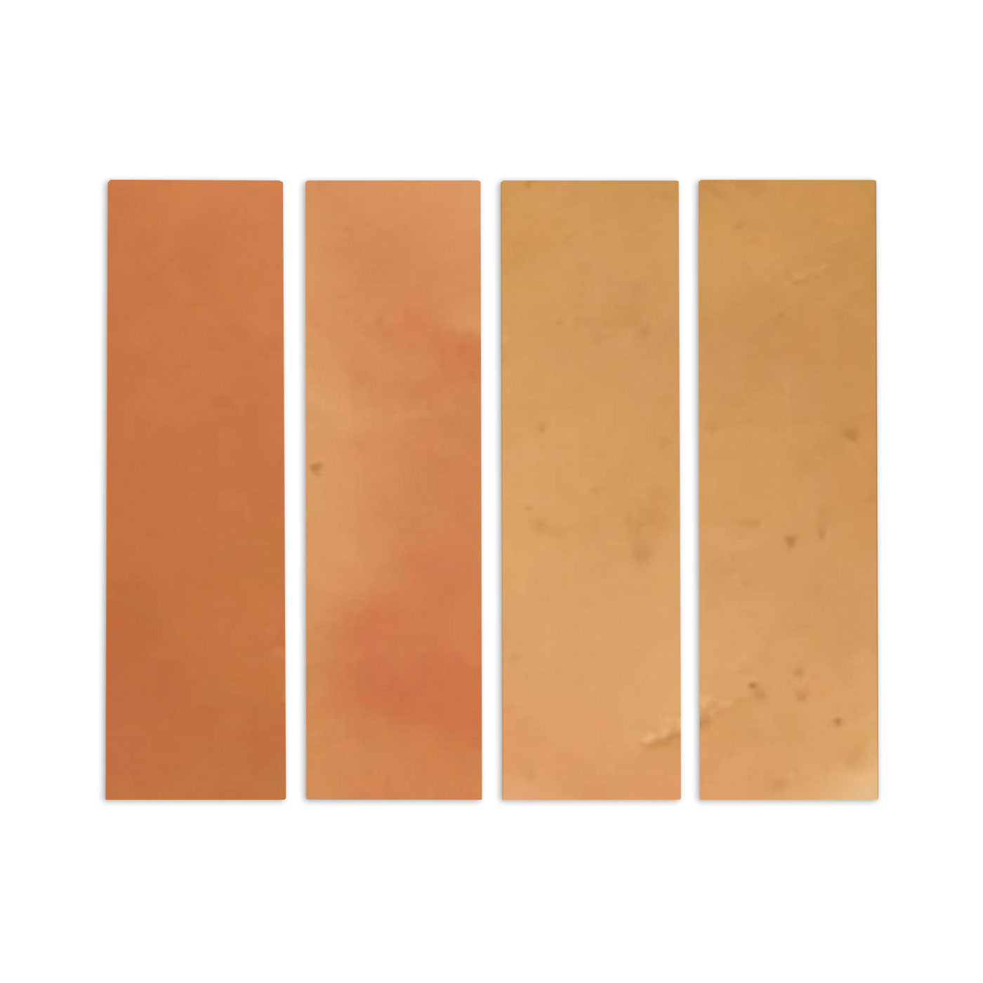 Smooth satin thin brick samples by Clay Imports in a gradient of terracotta orange to light brown.