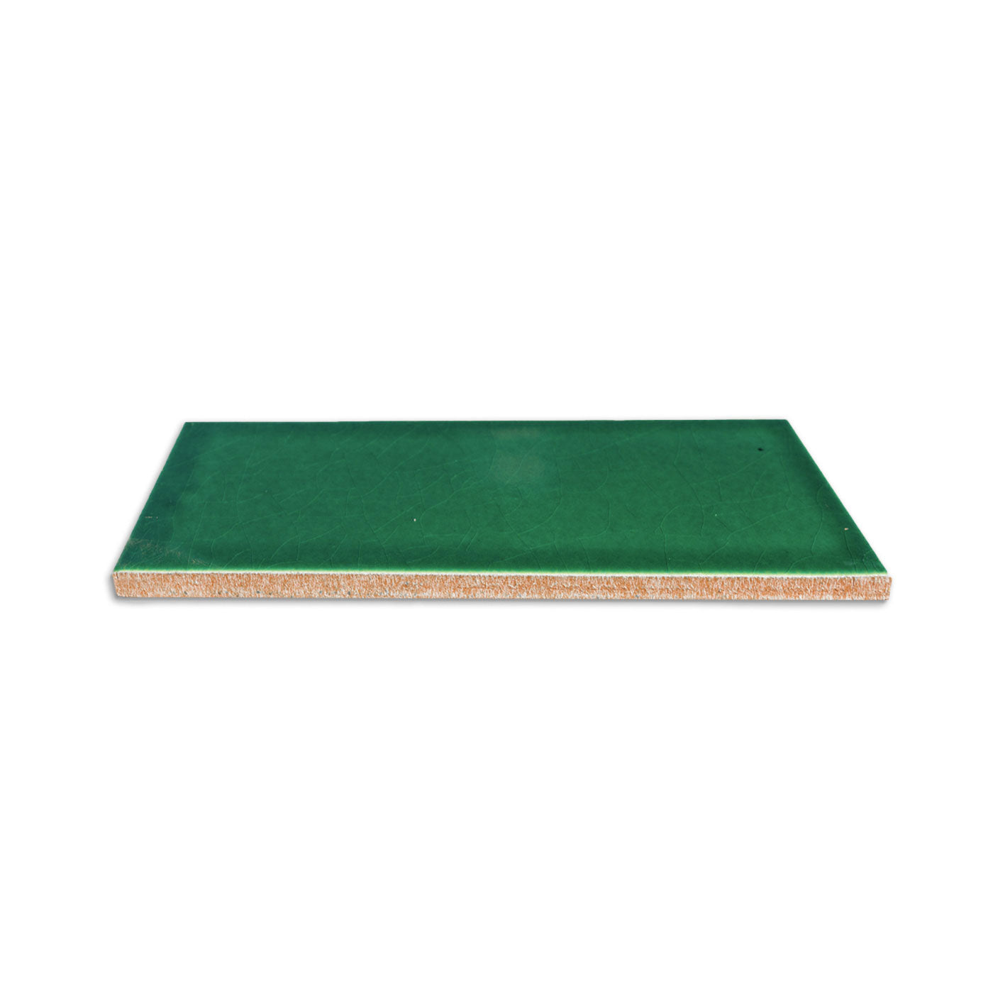 Green solid tile by Clay Imports with a crackle glaze and visible unglazed terracotta side.
